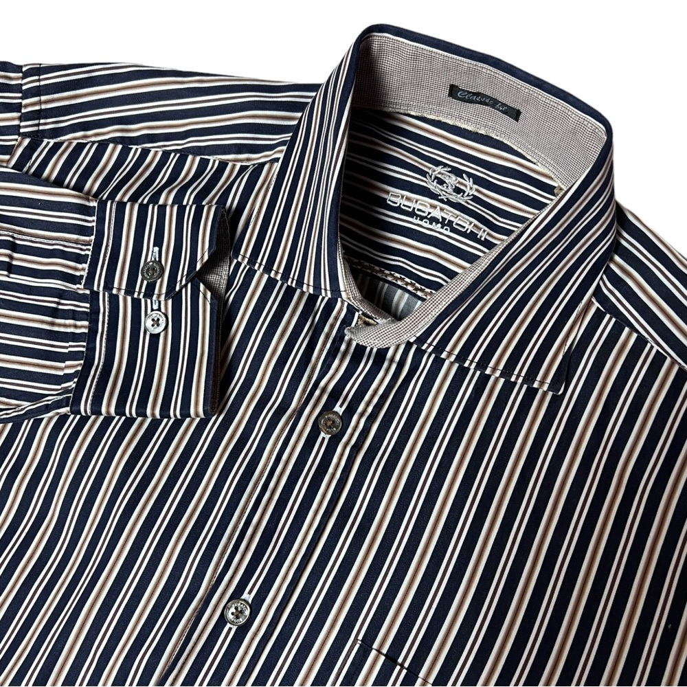 Bugatchi Uomo Classic Fit Mens Gold Striped Long Sleeve Button Up Shirt Size M